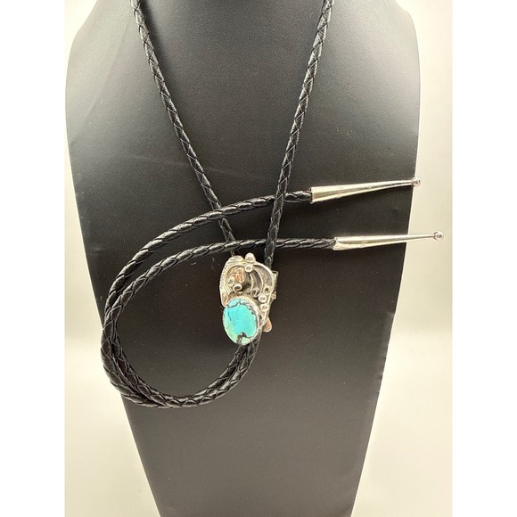 Teddy Goodluck Sterling Silver Turquoise Navajo Bolo Tie Black Leather Cord